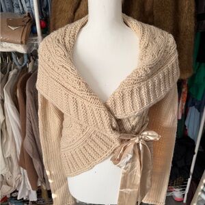 Boston Proper Cream Knit Sweater with Ribbon Accent